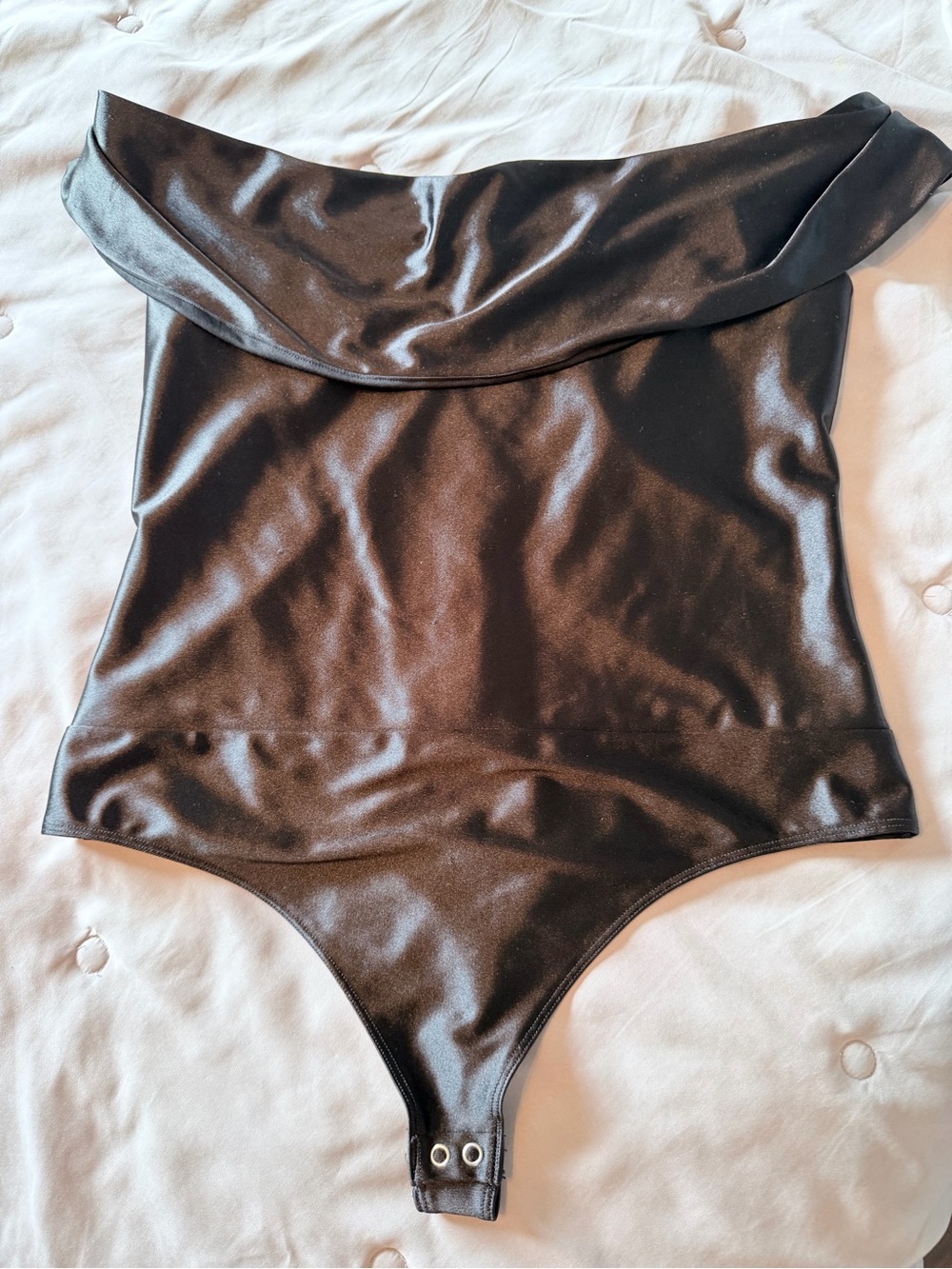Off-Shoulder One-Piece Bodysuit in Satin Black